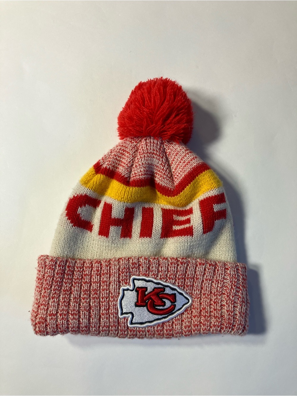 NFL Chiefs Red Yellow White Pom Knit Beanie
